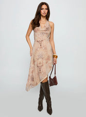 Zolena Halter Asymmetrical Midi Dress Multi