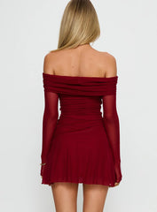 Koki Long Sleeve Off Shoulder Mini Dress Red