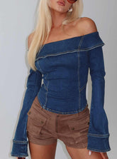 In The Crowd Off Shoulder Top Dark Denim