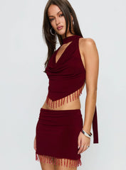 Ginah Bead Tassel Cowl Neck Top Red