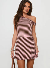 My Fun Off Shoulder Jersey Mini Dress Pink / Brown Stripe