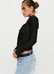 Set For Life Foldover Detail Long Sleeve Top Black / White Pinstripe
