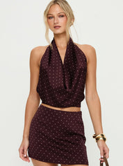 Keiana Plunge Neck Top Burgundy / Pink Polka