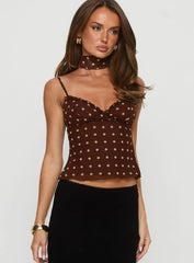 Mishy Scarf Detail Cami Top Brown Polka