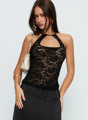 Janais Lace Tie Neck Top Black