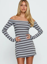 Tosie Long Sleeve Off Shoulder Mini Dress Blue Stripe