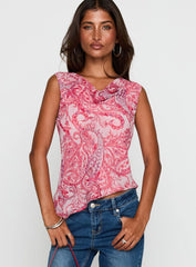 Blame The Rain Cowl Neck Top Pink Paisley