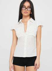 Lyzbeth Ruched Button Up Top White Polka