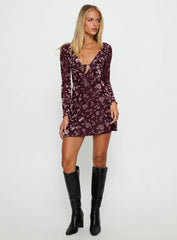 Raylena Long Sleeve V-neck Mini Dress Burgundy Floral