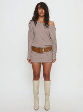 Caia Off Shoulder Long Sleeve Jersey Mini Dress Chocolate Stripe