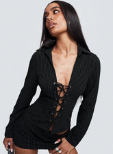 Feminique Tie Up Long Sleeve Top Black Stripe