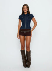 Liyana Denim Zip Up Short Sleeve Shirt Mid Blue