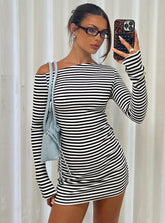 Journi Off Shoulder Long Sleeve Mini Dress Black White Stripe