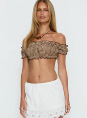 We Can't Stop Ruched Strapless Top Brown Gingham