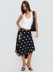 Dulciana High Split Asymmetrical Midi Skirt Black Polka Dot