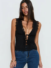Kerena Lace Trim Tie Front Blouse Top Black