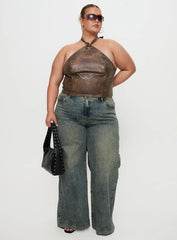 Treat You Better Ring Detail Faux Leather Top Brown Curve