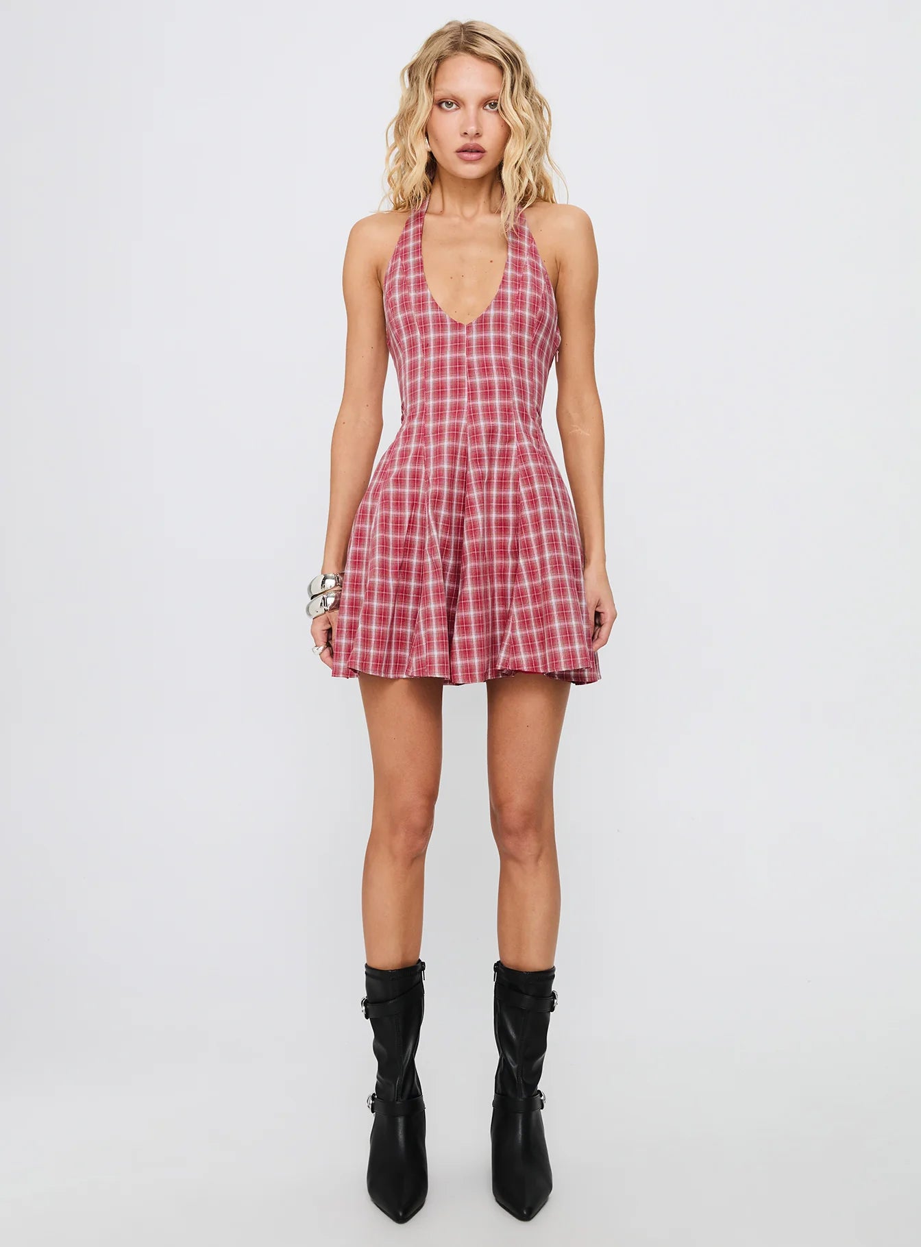 Out Of Nowhere Halter Mini Dress Red Check