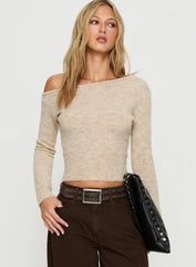 Selbey Fluffy Cinched Waist Off Shoulder Top Cream Marle