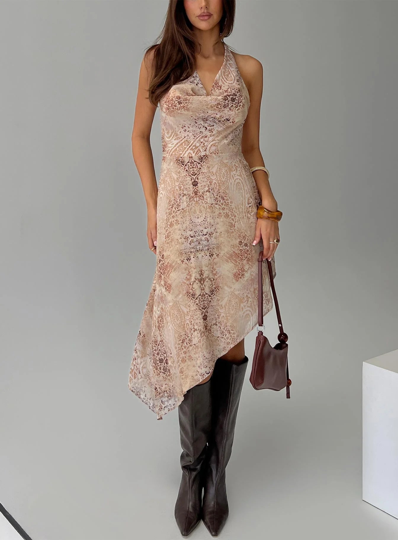 Zolena Halter Asymmetrical Midi Dress Multi