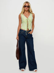 Wayland Tie Up Lace Trim Top Green Check