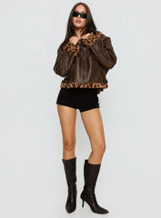 Brandyn Faux Fur Trim Jacket Brown / Leopard