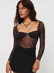 Lamaro Long Sleeve Bodysuit Black / Red Floral