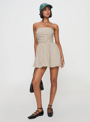 Quinette Strapless Bubble Hem Mini Dress Beige Stripe