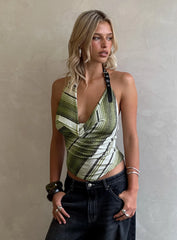 Syrenah Halter Cowl Neck Top Green Stripe