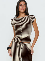Angellina Jersey Button Down Top Chocolate / Cream Stripe