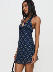 Laraline Halter Mini Dress Navy Check Petite