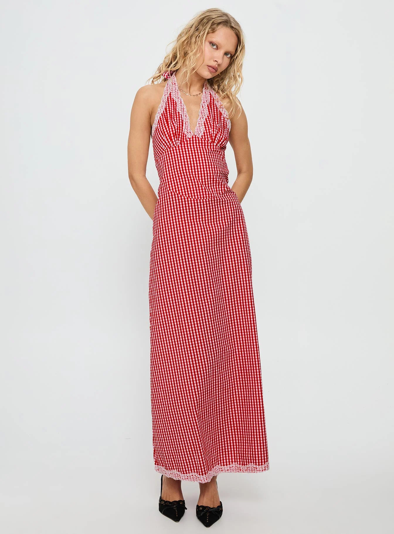 Betsie Halter Lace Maxi Dress Red Gingham