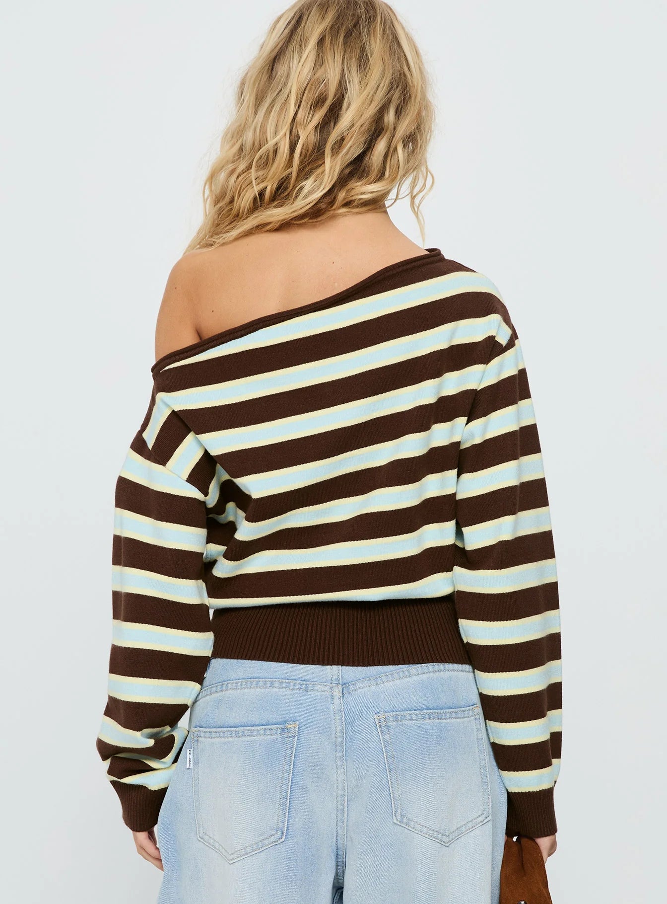 Zinia Off Shoulder Knit Sweater Brown / Blue Stripe