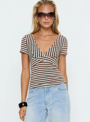 Madelon Short Sleeve Wrap Top Brown / Blue Stripe