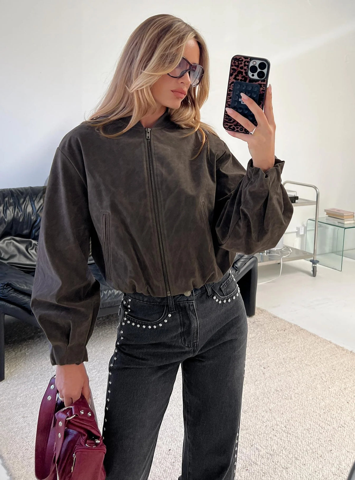 Mastery Faux Suede Bomber Jacket Charcoal