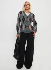 Zeeva Button Through Knit Cardigan Grey Argyle