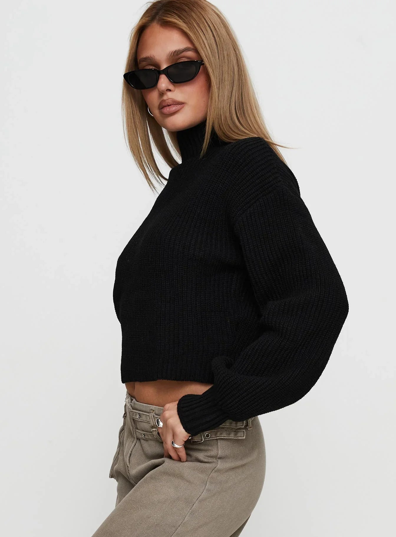 Sayge Mock Neck Knit Sweater Black