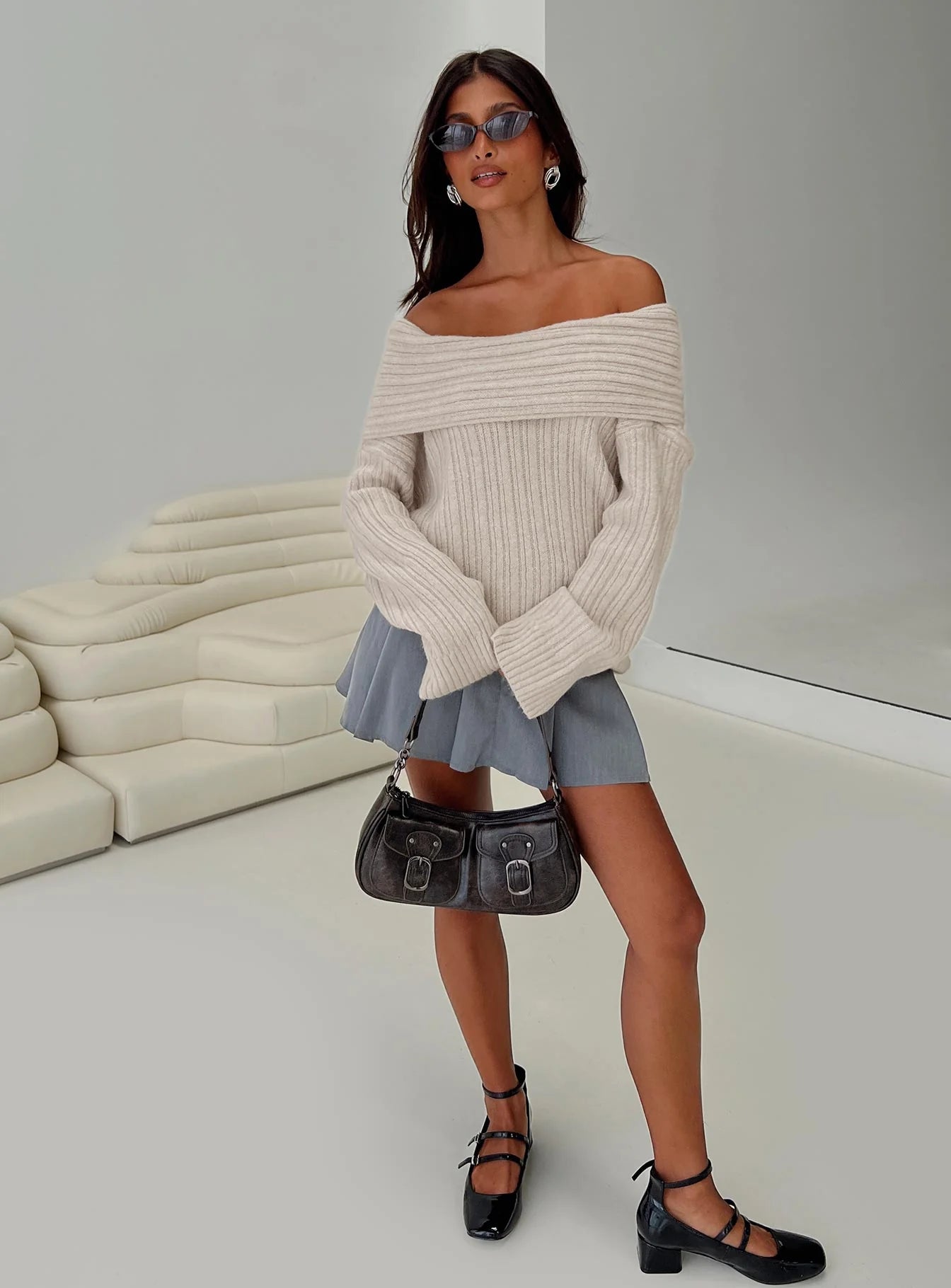 Mirrelle Off Shoulder Knit Sweater Beige