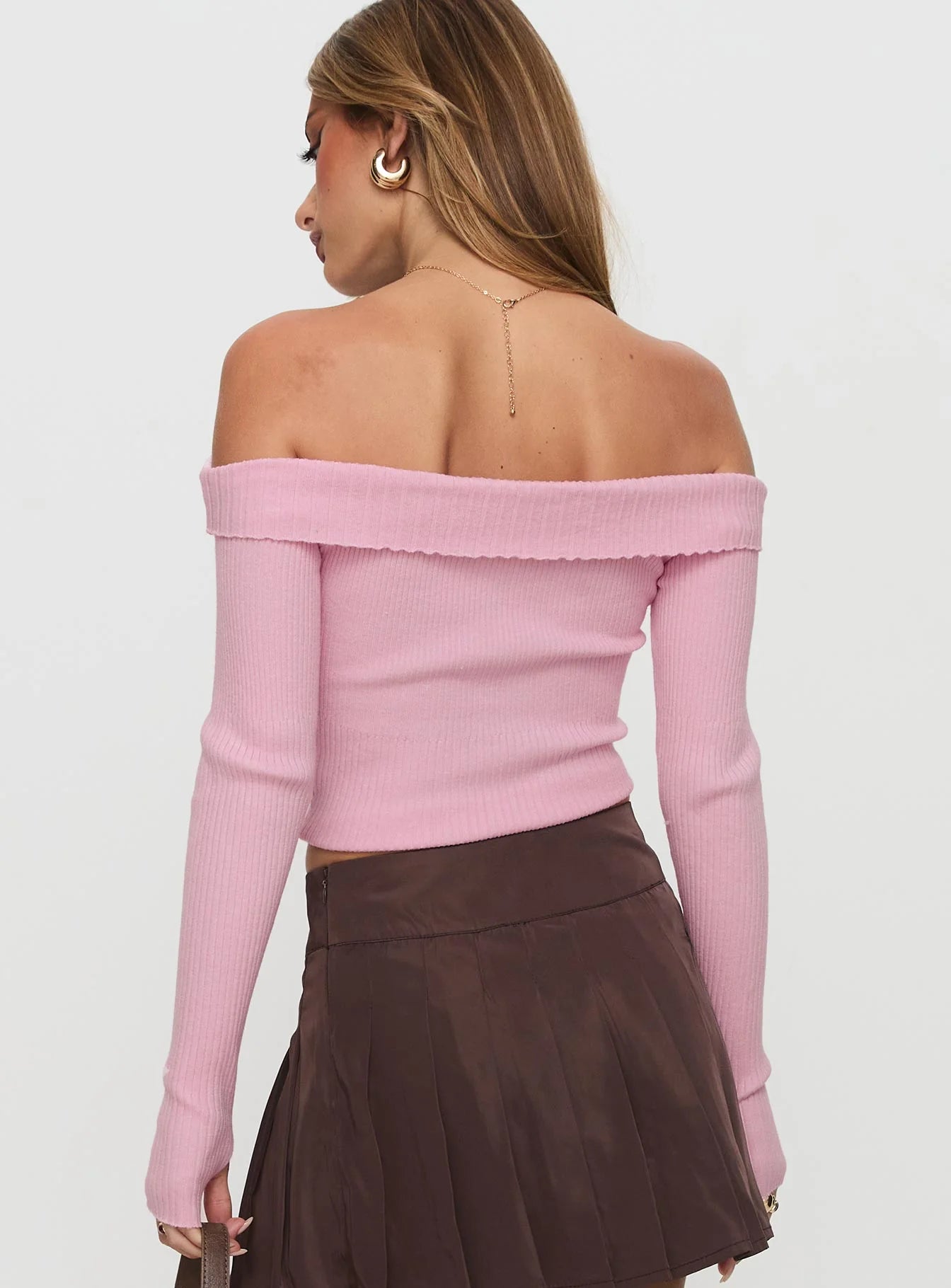 Nighttime Off Shoulder Knit Top Pink