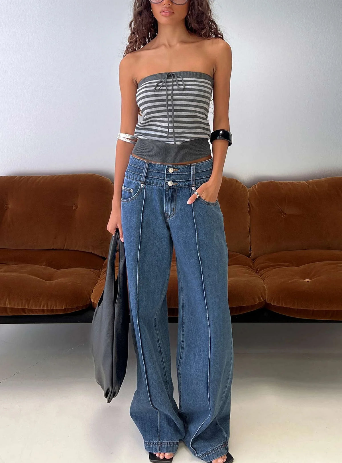 Hannalee Low Rise Wide Leg Jeans Mid Blue Wash