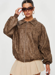 Goldsmith Faux Leather Bomber Jacket Washed Brown