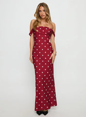 End Credits Off Shoulder Pleat Maxi Dress Red / Polka Dot