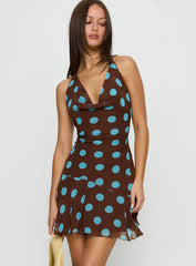 Karolie Halter Plunge Mini Dress Brown / Blue Polka Dot