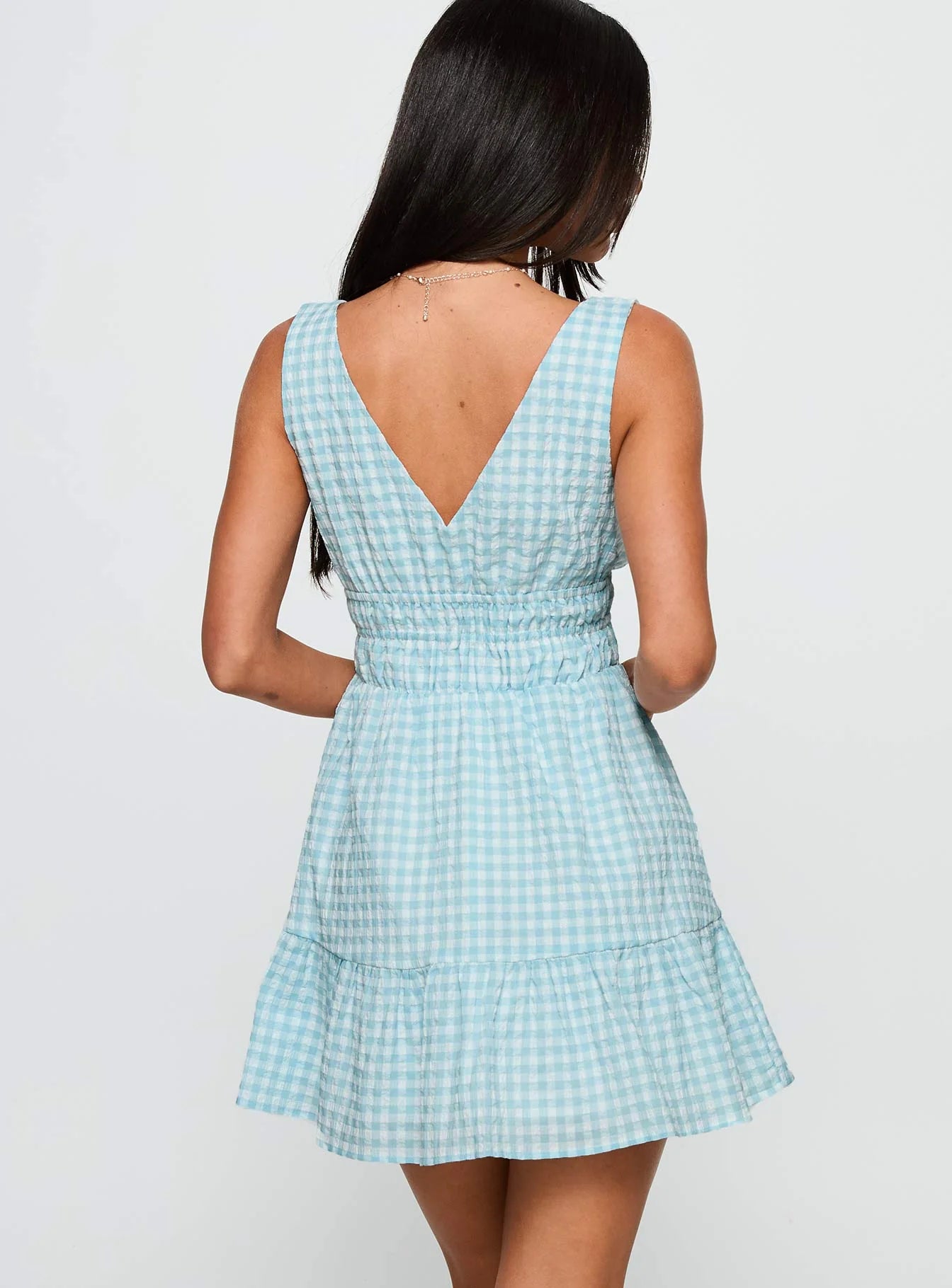 Ismena Plunge Mini Dress Blue Check