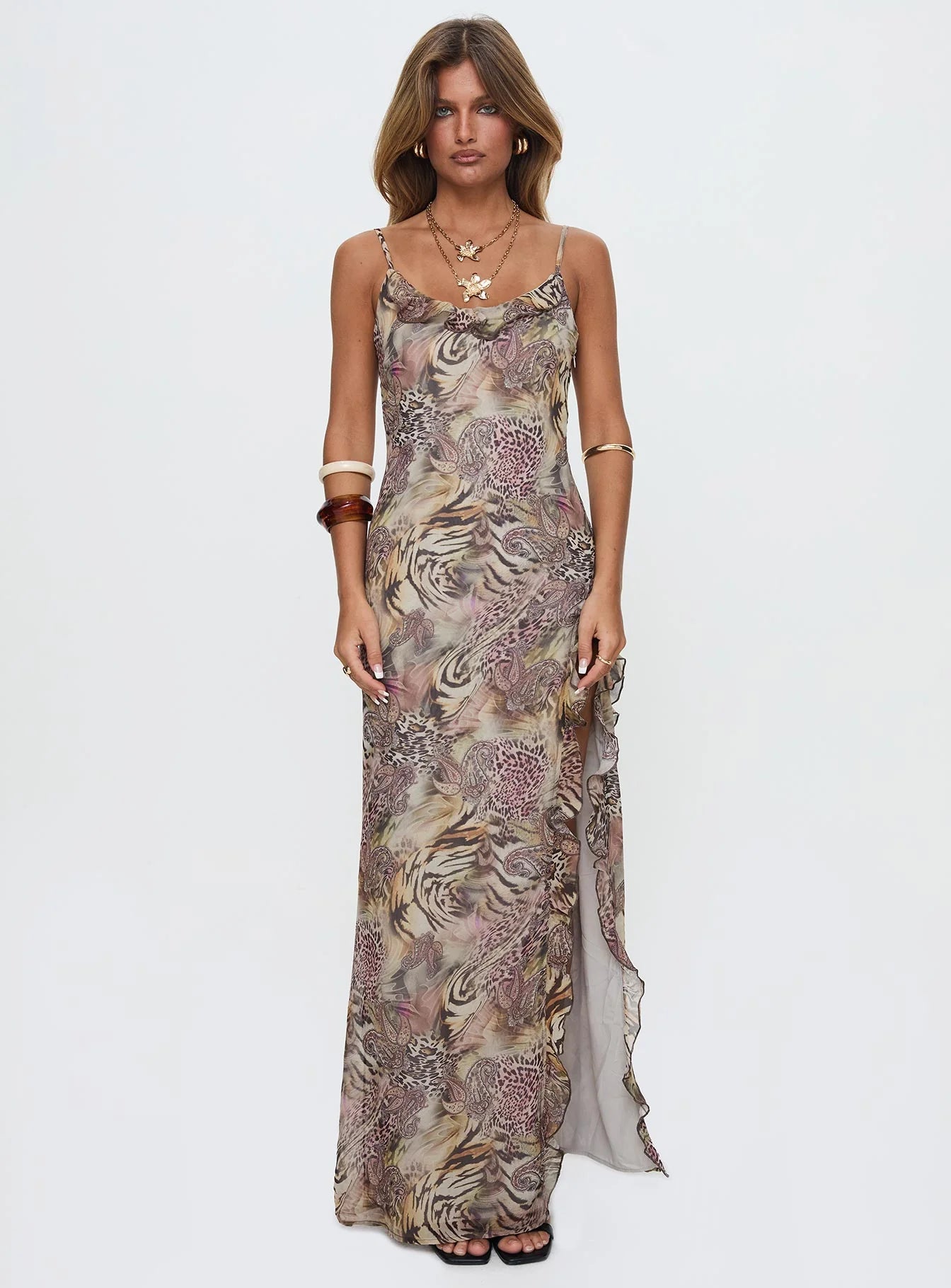 Sympathize Frill Split Maxi Dress Multi