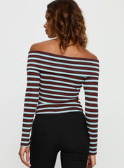 Raelena Off Shoulder Long Sleeve Top Blue / Brown Stripe