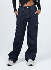 Paige Mid Rise Baggy Cargo Jeans Dark Wash