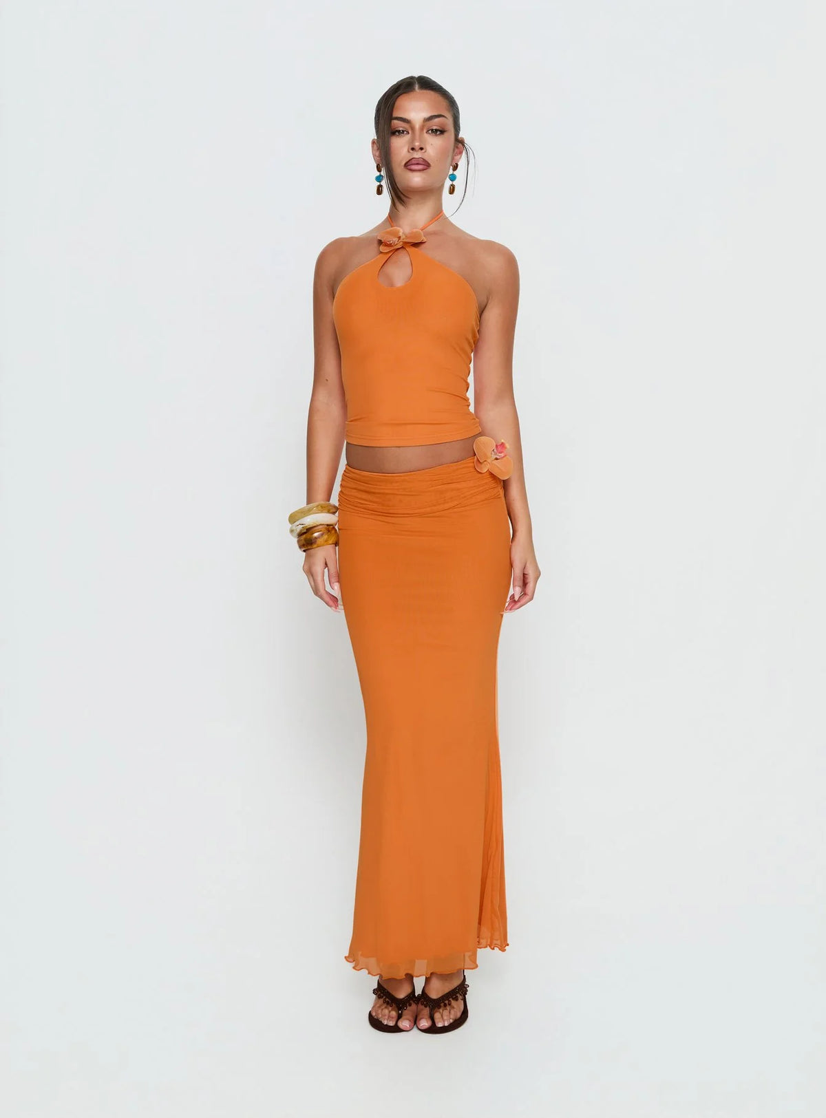 Star Fruit Ruched Waist Maxi Skirt Orange