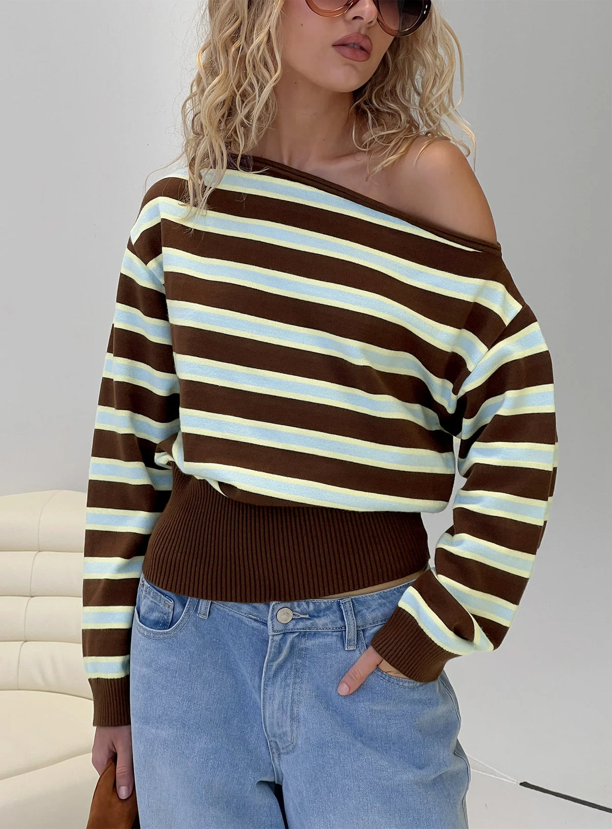 Zinia Off Shoulder Knit Sweater Brown Blue Stripe