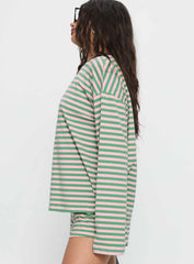 Settle Down Long Sleeve Top Green Pink Stripe